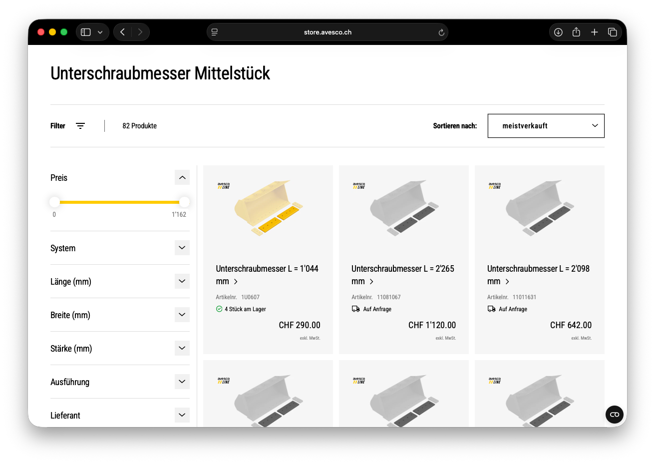 Avesco Webshop mit Artikelübersicht