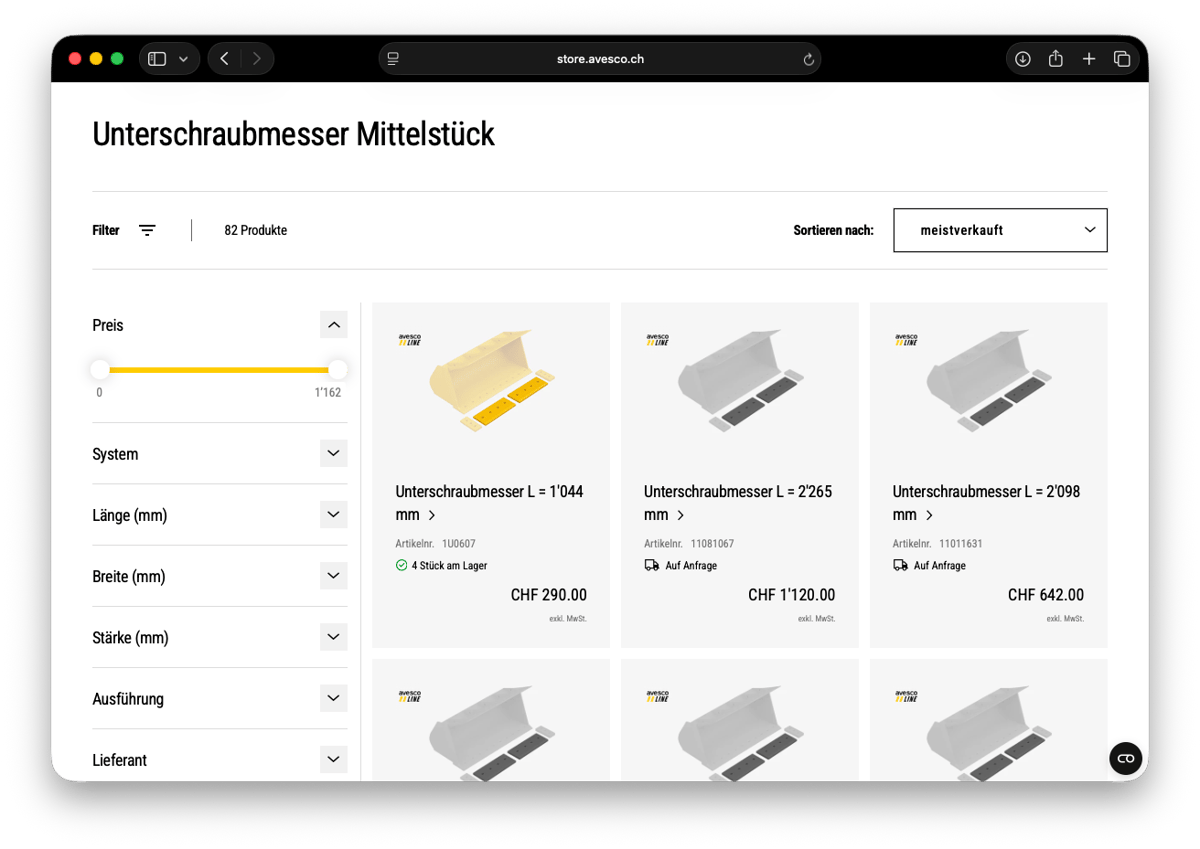 Avesco webshop with article overview