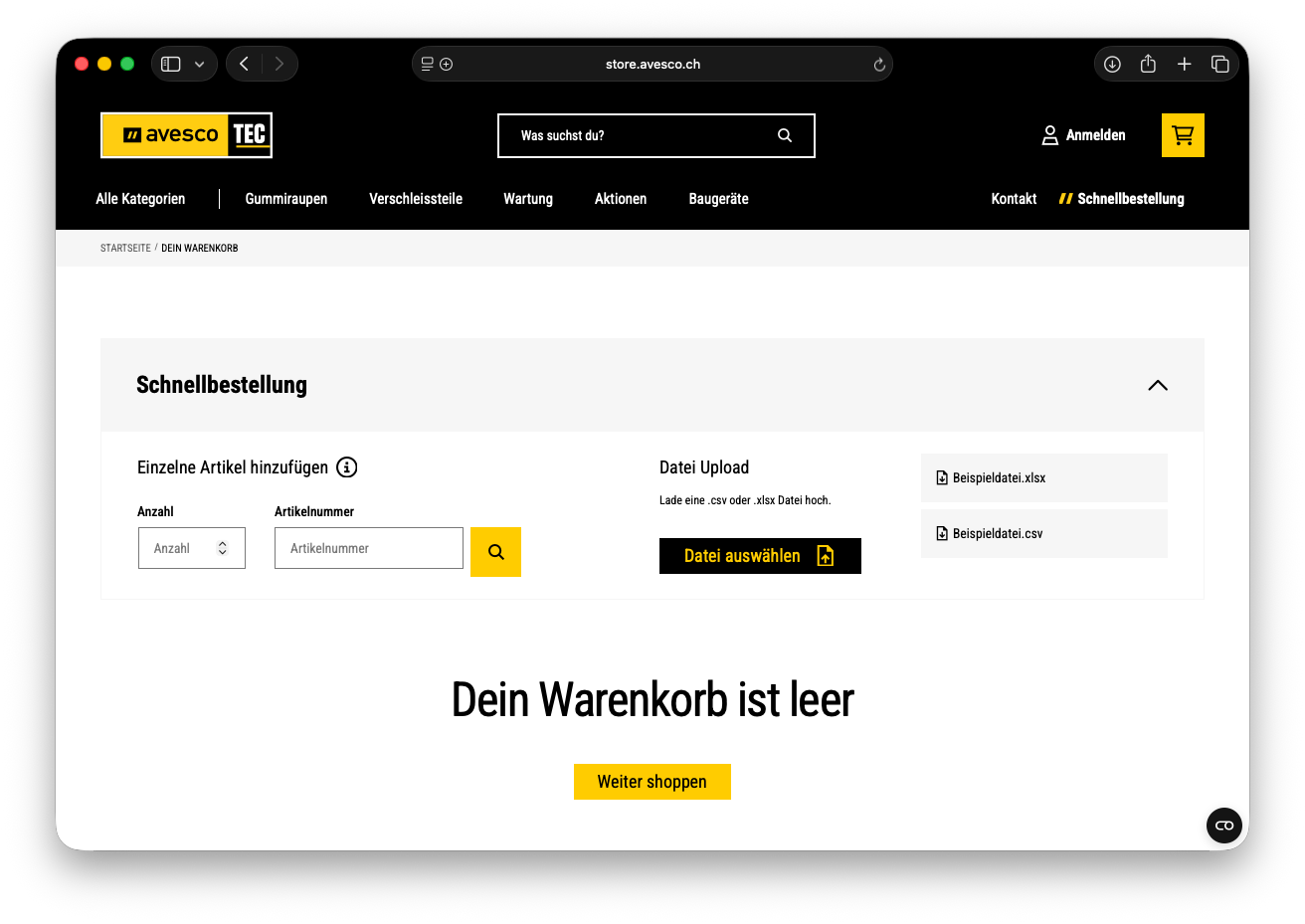 Avesco Webshop mit der Schnellbestellung