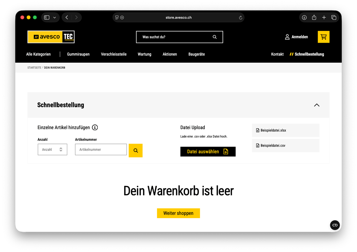 Avesco webshop with the quick order function