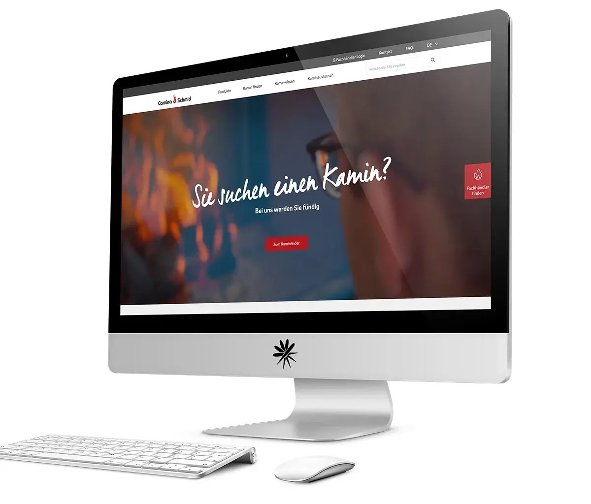 MacBook Website-Übersicht mit dem Slogan Sie suchen einen Kamin?