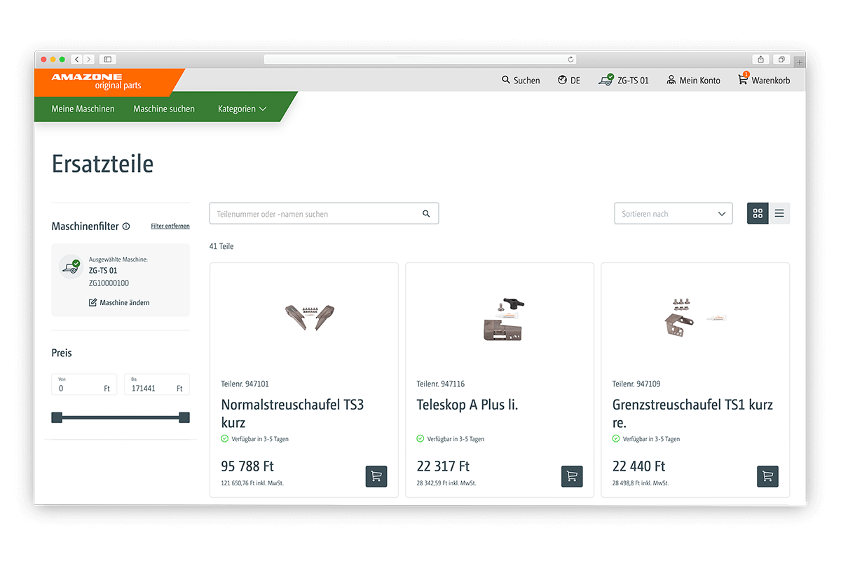 Screenshot des Amazone Shops des Bereichs Ersatzteile