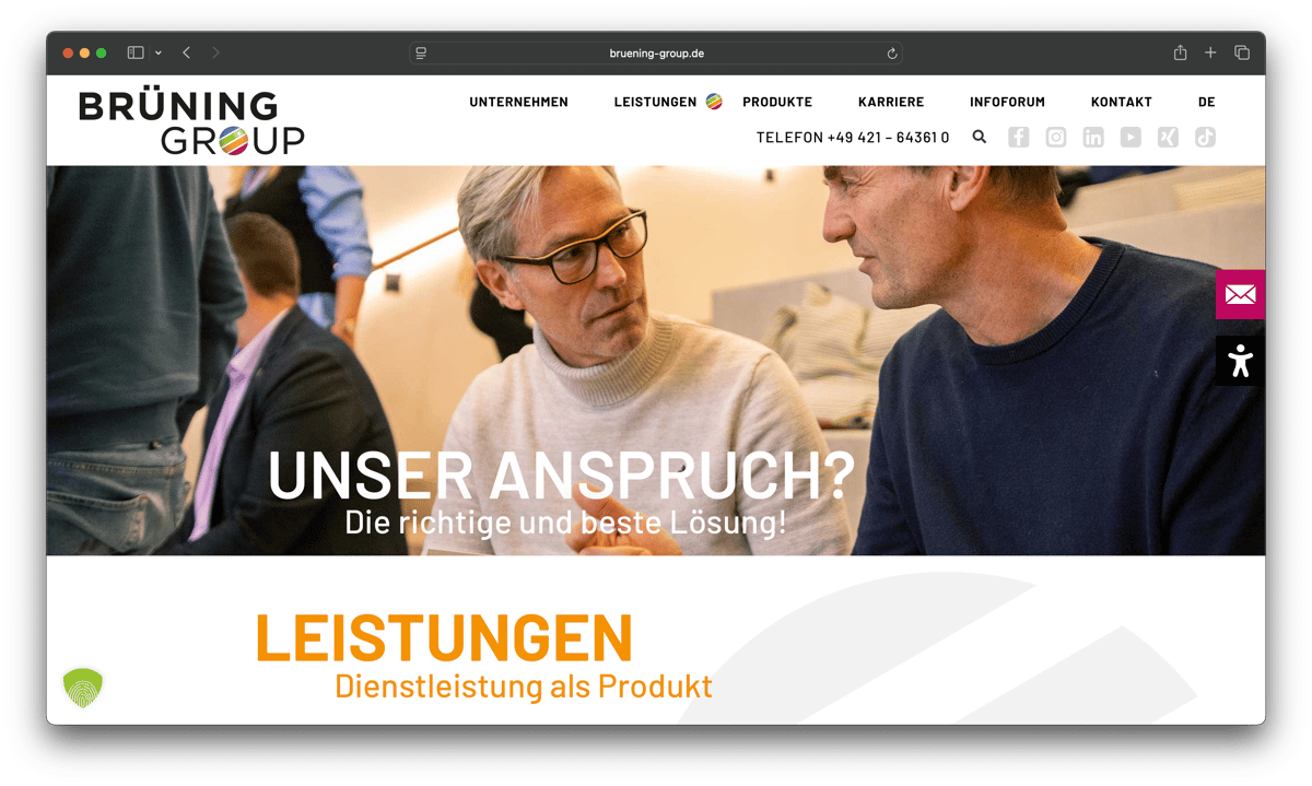 Screenshot der Brüning Group Website: Bereich Leistungen