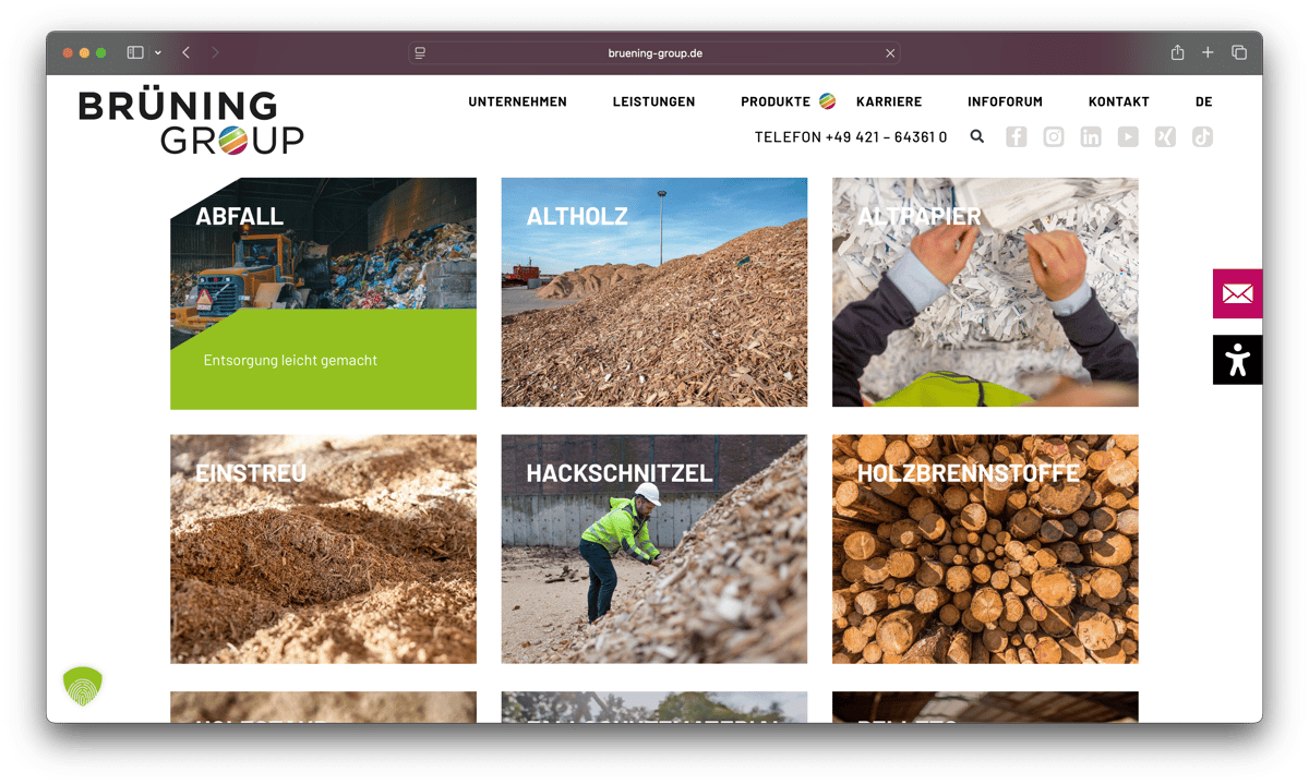 Screenshot der Brüning Group Website: Bereich Produkte