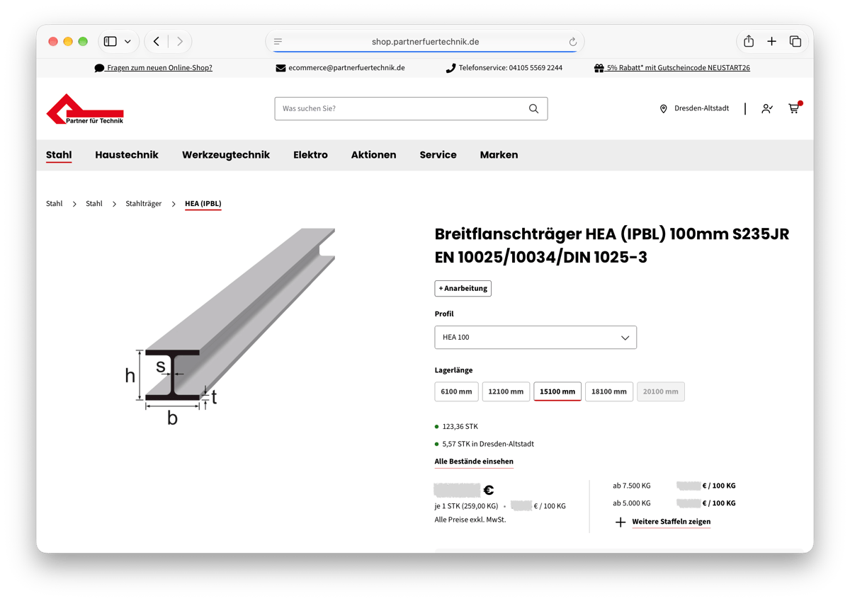 Screenshot Onlineshop Partner für Technik Produktansicht