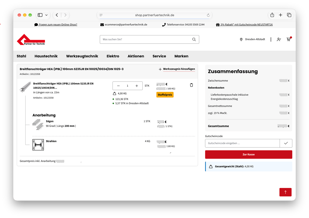 Screenshot Onlineshop Partner für Technik Warenkorb