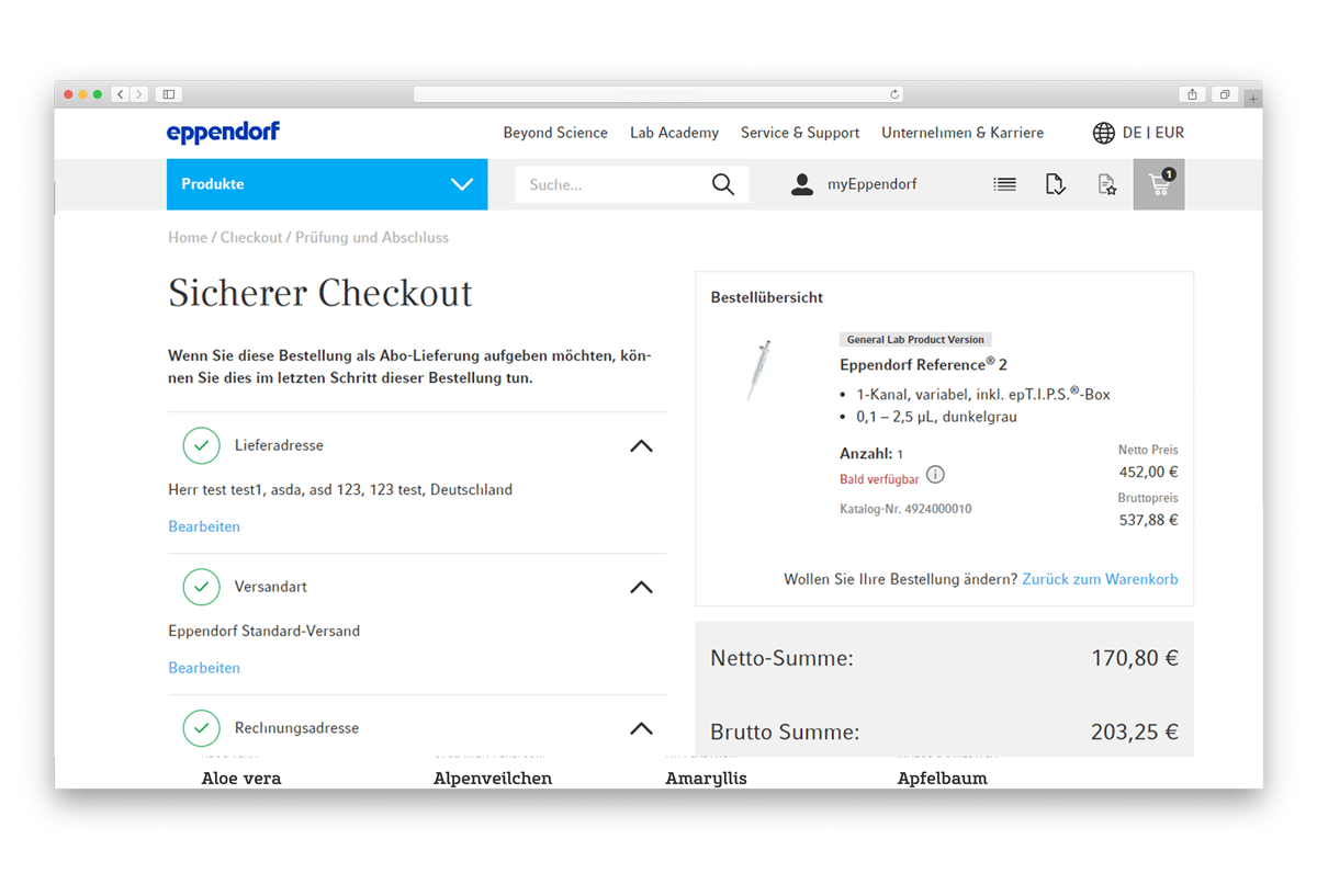 Screenshot aus dem B2B-Shop-Projekt: Express-Check-out bei Eppendorf