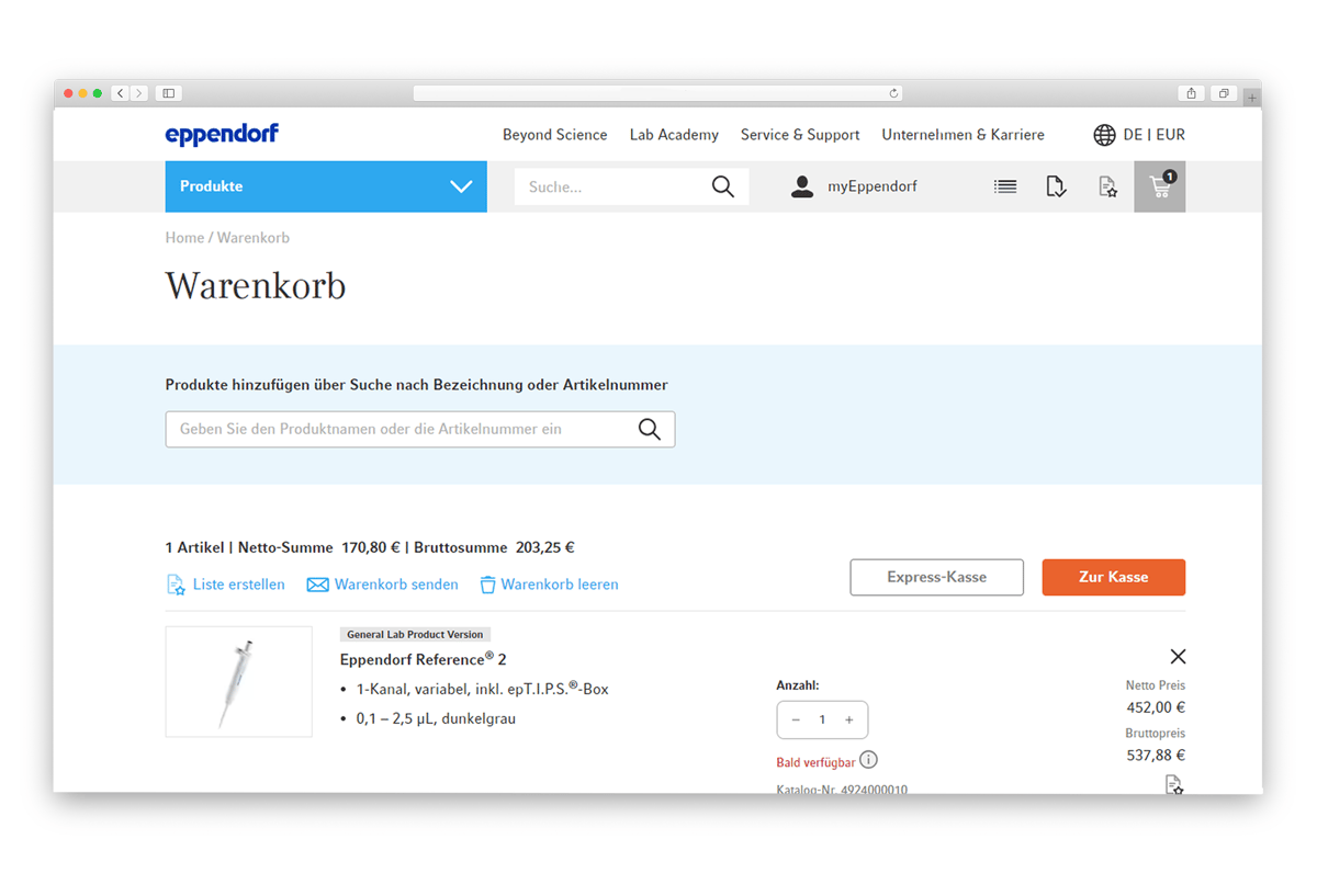 Screenshot des Checkout-Prozesses: Express-Check-out für Bestandskunden bei Eppendorf