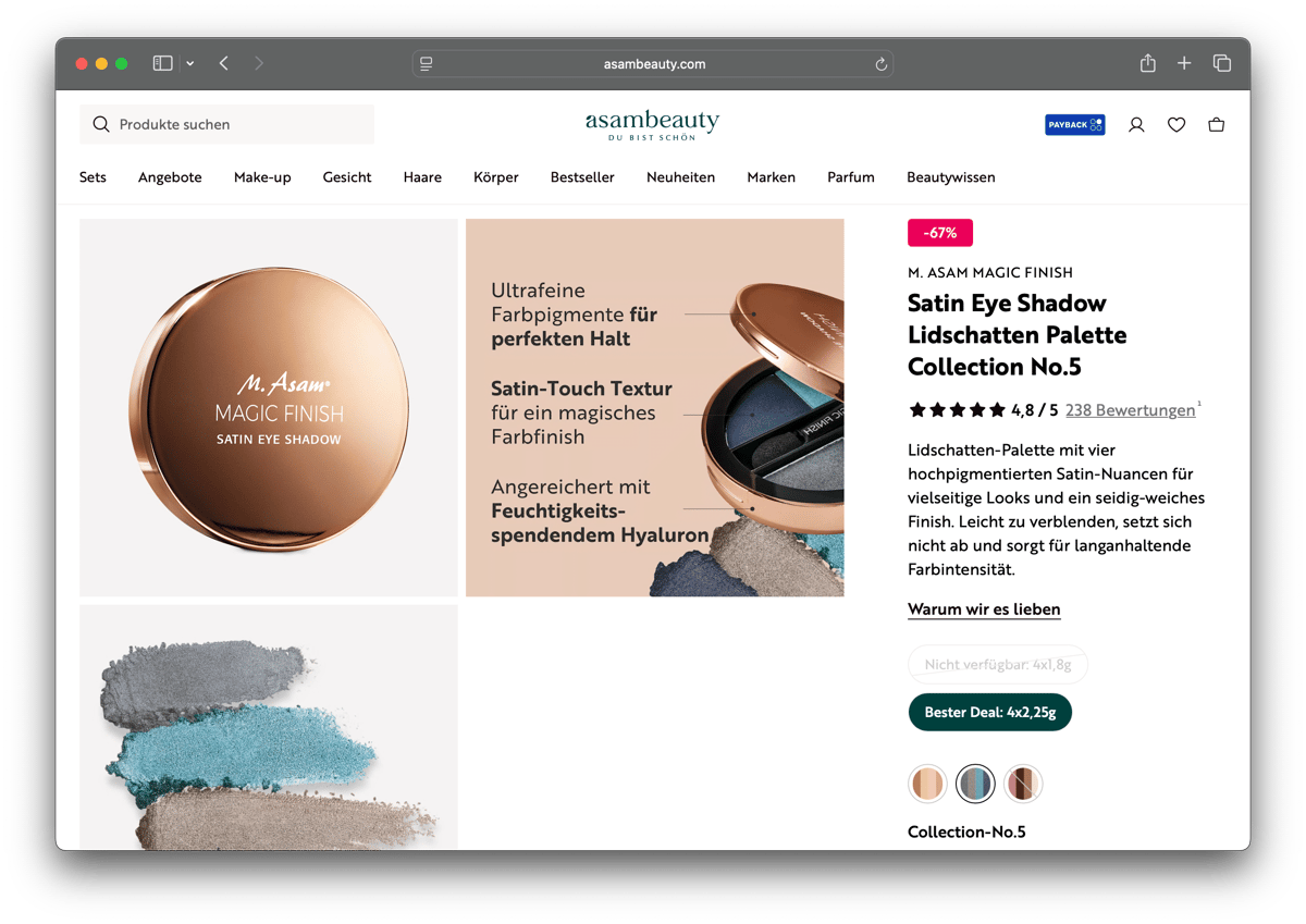 Screenshot einer Produktdetailseite im asambeauty Onlineshop