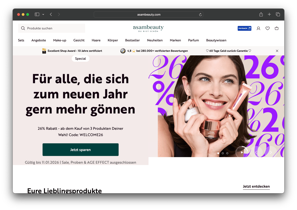 Screenshot der asambeauty Startseite im Onlineshop