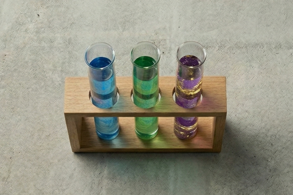 Drei Reagenzgläser mit blauer, grüner und violetter Flüssigkeit im Holzständer – Symbolbild Chemieindustrie